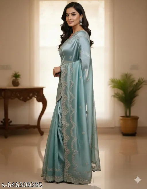 Designer Heavy Embroidery Jimmy Cho Saree with Beautiful Sequence Work & Bangalori Silk Unstitched Blouse Piece