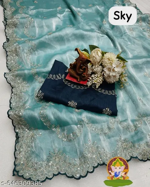 Designer Heavy Embroidery Jimmy Cho Saree with Beautiful Sequence Work & Bangalori Silk Unstitched Blouse Piece
