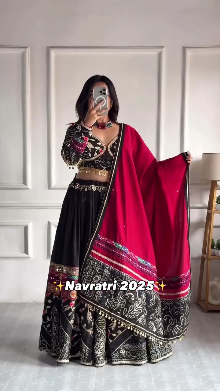 Women's Trending Dola Silk Lehenga Choli with Mil Foil Print | Traditional Solid Print Navratri Chaniya Choli | Ethnic Wear with Dupatta Unstitched Blouse